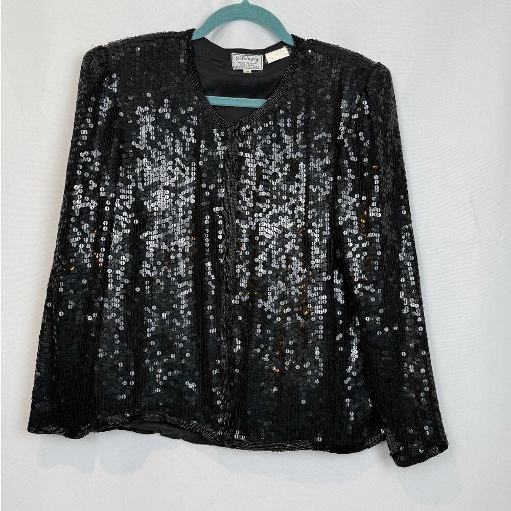 Vintage Stenay 100% Silk Black Sequin Long Sleeve Top Beaded Trim Size S 80s